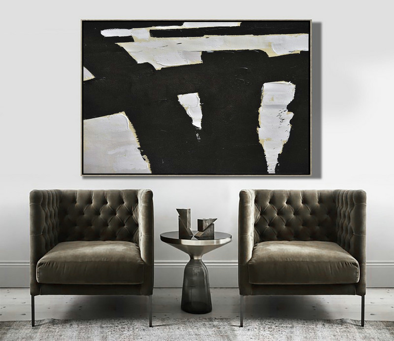 Hand Painted Abstract Art,Horizontal Palette Knife Minimal Canvas Art Painting Black White Beige - Xl Large Canvas Art
